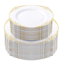 Bestluck 200 PCS White and Gold Plastic Plates for 100 Guests, Gold Disposable Plates Include 100 PCS Dinner Plates, 100 PCS Dessert Plates for Party and Wedding