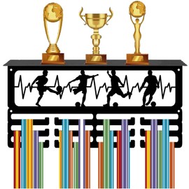 CREATCABIN Sports Medal Holder Football Medal Hanger Trophy Shelf with 3 Rows 12 Hooks Metal Medal Display for Wall Mount Hanging 60+ Medals Rack Frame for Soccer Awards Ribbon Race 15.7 x 8 x 4 Inch