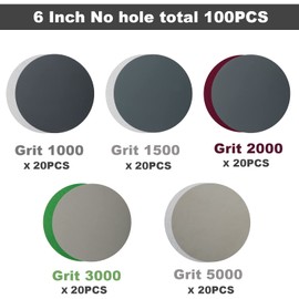 Toolly 100PCS 6 Inch (150mm) Assorted Grit High Performance Waterproof Hook & Loop Sanding Discs Sandpaper 1000/1500/2000/3000/5000 grit for Wet/Dry Sanding Grinder Polishing