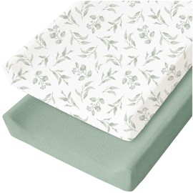 Konssy 2 Pack Muslin Changing Pad Covers for Boys, Ultra Soft & Breathable Cotton Baby Diaper Changing Table Covers, Neutral Nursery Diaper Changing Pad Sheets (Green, Green Leaves)