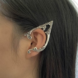 Wedity Gothic Hollow Ear Cat Contour Ear Elves Clip Earrings Background Cosplay Ear Wraps Ear Clip Jewellery for Teenage Women (1 Pair) (Retro Silver)