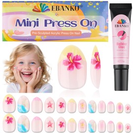 EBANKU 26 Pieces Kid Fake Nail Kit, Beach Press on Nails for Kids Colorful Press on Nail Short Artificial False Nail Kits for Girls 6-10 Years