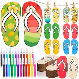 Chivertion 24 Pcs Unfinished Summer Flip Flop Wood Cutouts Crafts Beach Slipper Shaped Hanging Ornaments with Hole Hemp Rope Wood Tag for Kids DIY Project Hawaii Tropical Party Favor Decor