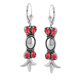 American West Jewelry Genuine Red Coral Sterling Silver Squash Blossom Lever Back Dangle Earrings