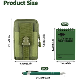 Aecsze 7 Piece Waterproof Notebook, 3 X 5 Inch waterproof notebook and pen with Waterproof Multi Functional Waist Pack for Outdoor Activities Recording (Army Green)