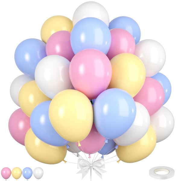 Pastel Balloons, 50pcs Pink Blue Yellow Balloons, Matte White Macaron