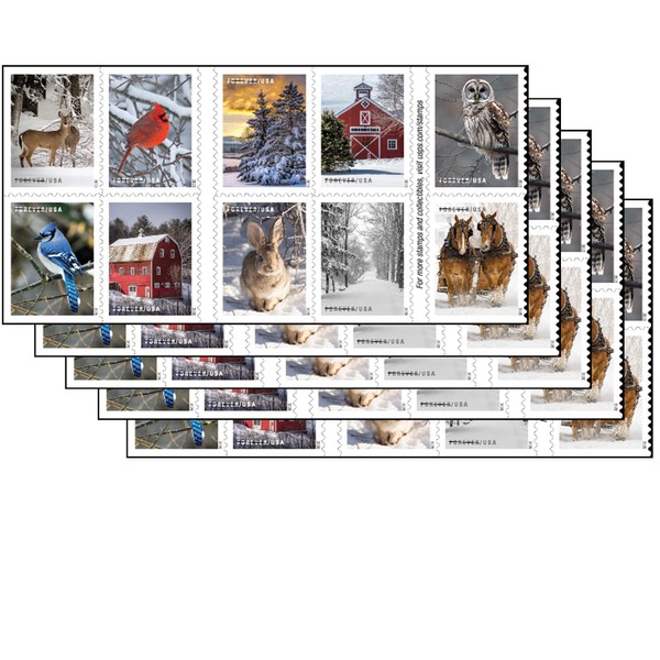 Winter Scenes Forever Postage Stamps 5 Books of 20 First Class US Postal Holiday Celebrations Wedding Celebration Anniversary Traditions (100 Stamps)