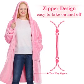Waitu Wearable Blanket Hoodie with Zipper Gifts for Women Men, Warm and Cozy Oversized Hoodie Blanket Birthday Gifts for Women Mom, Thick Flannel Blanket with Giant Pocket - Bright Pink
