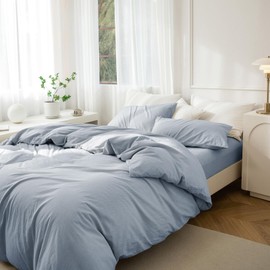 JIYUAN 100% Washed Cotton Duvet Cover Set 3 Pieces Full, 1 Duvet Cover 80x90 Inches(Comforter Not Included) and 2 Pillowcases,Linen Feel Bedding Set Comfy and Breathable, Heathered Light Blue