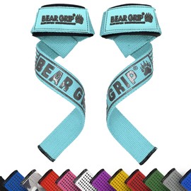 BEAR GRIP Straps - Premium Neoprene Padded, Double Stitched Heavy Duty Weight Lifting Straps with Gel Grip, 100% Cotton, Extra Long Length (Pastel Laqua)