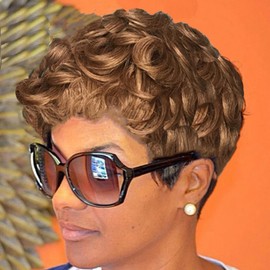 HOTKIS Short Curly Human Hair 30 Pixie Cut Wigs for Black Women Human Hair Natural Curl Short Wigs Light Brown African Americans Women Glueless Pixie Wig #30