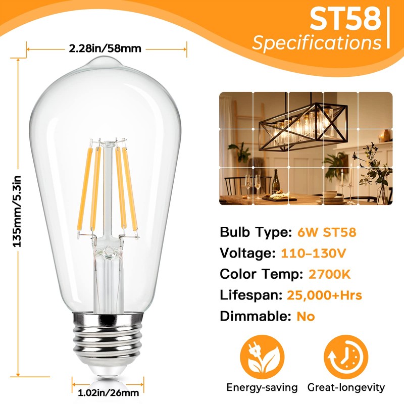 Brightever 4-Pack Vintage LED Edison Bulbs 60W Equivalent, 6W ST58