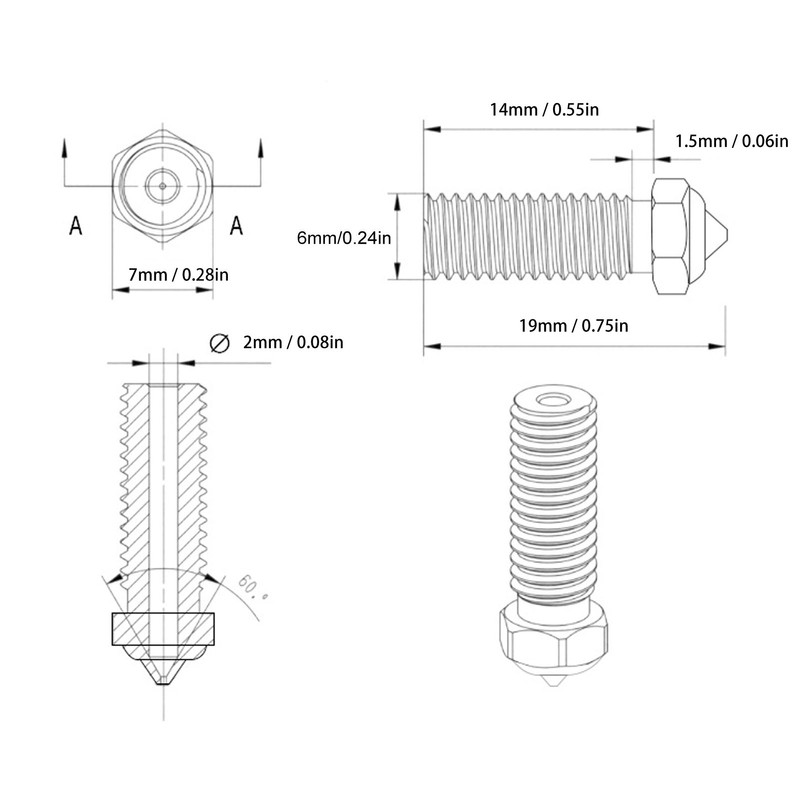 5Pcs 3D Printer Nozzles Set Stainless Steel 1.75mm 0.4mm Brass