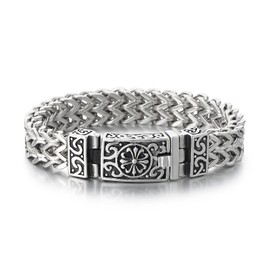 Azubpi Men's 316 Stainless Steel Gothic Viking Bracelet - Flower & Cross Carved, Large Franco Textured Chain