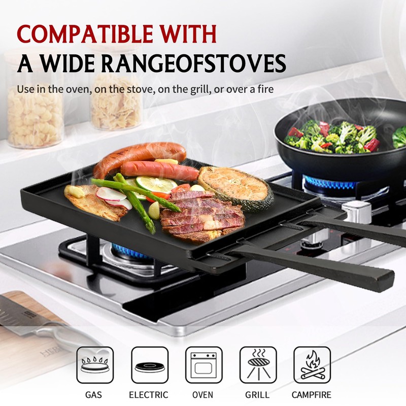 BIG HORN OUTDOORS Cast Iron Griddle Reversible Square Griddle Flat