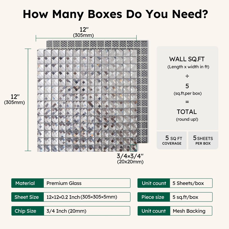 Diflart Mirror Backsplash, 3/4 Inch Silver Square, Crystal Diamond Mirror