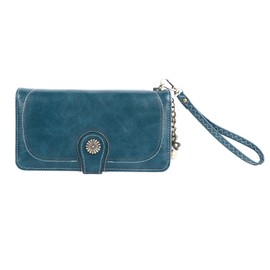 Women PU Leather Credit Card Holder Large Capacity Wallet Zipper Trifold Wallet with Strap Peacock Blue