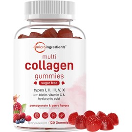 Multi Collagen Peptides Gummies Types I II III V X with Biotin Hyaluronic Acid Vitamin C Sugar Free Berry Flavor 120 Count