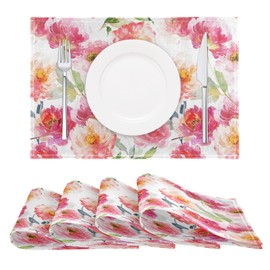 Pink Floral Placemats Set of 6,Spring Summer Flowers Dining Table Mats,Non-Slip Washable Place Mats Farmhouse Kitchen Table Placemats for Indoor Outdoor Party Wedding Decoration,12x18 inch