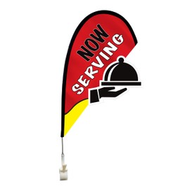 CarBowz Open Flags for Business - Heavy Duty Double Sewn Edges and Fade Resistant - Unique Cut Out Design - Complete Kit (Now Serving)