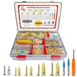 310pcs Self-Drywall Drilling Anchors with Screws, 5 Different Expansion Sizes Screw Set, Zinc Plated Steel Dry Wall Screws no Drilling Required, Easy to Install
