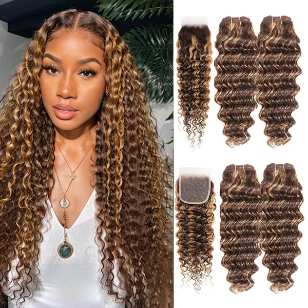 Highlight Bundles Human Hair with Closure,10a Deep Wave 4Bundles with