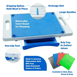 Karving King BPA Free Large Plastic Meat Cutting Board with Juice Groove, Spikes, Drip Tray, Removable Cutting Board, Original Version - Blue