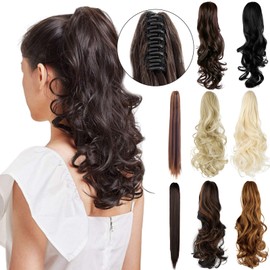 Leterly Ponytail Extension Clip in Claw 18" 20" Curly Wavy Straight Pony Tails Clip-on Long Hairpiece Jaw for Women Dark Brown Mix Light Auburn