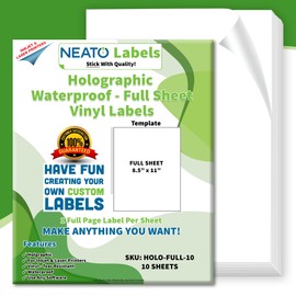 Holographic Vinyl Sticker Paper - 10 Sheets - Self-Adhesive, Waterproof, Tear-Resistant Custom Labels for Inkjet & Laser Printers, All Cutting Machines - Customizable Full Sheet Stickers