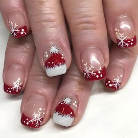 Christmas Snowflake Press on Nails Short Square Nails French Tip Fake Nails with Santa Hat Designs Stick on Nails Christmas Acrylic Nails Full Cover Red Glossy False Nails for Women Nail Designs 24Pcs