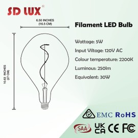 SD LUX Oversized Vintage Giant LED Light Bulb Huge Edison Bulb - Dimmable, 5W 250LM, Warm White 2200K, Medium E26 Base - Perfect for Decorative Pendant Lighting, 1 Pack (A165)