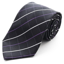 Michi Kolondon Brand Necktie, 100% Silk, Jacquard Woven, Plaid Pattern, Embroidered, B Pattern: Gray