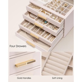 Vlando Jewelry Box for Women Girls,Jewelry Organzier,4 Drawers,Glass Lid Jewelry Display Storage for Gem Diamond Necklaces Rings Earrings Bracelets Apricot White