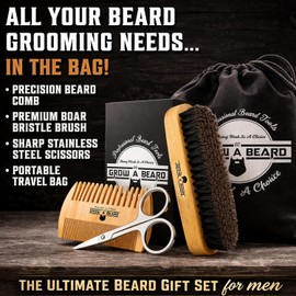 Beard Brush for Men & Beard Comb Set w/Mustache Scissors Grooming Kit, Natural Boar Bristle Brush, Dual Action Wood Comb, and Travel Bag Great for Christmas Gift