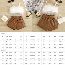 LXXIASHI 3PCS Baby Girl Spaghetti Strap Off Shoulder Fluffy Camisole + Leather Shorts + Belt Outfit Sets (White Brown, 6-7 Years)