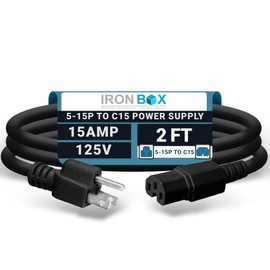 IronBox Electric - Heavy-Duty 5-15P to C15 Power Supply Cable - 15A 125V, 14/3 SJT Cord - Male End 5-15 Plug/Female End C15 Connector - UL Listed PC Power Cord - (Black,2 Foot)
