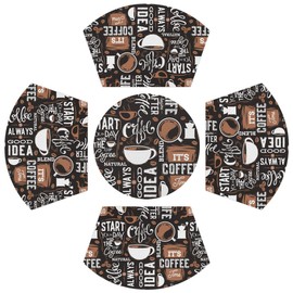Coffee Time PVC Placemats for Round Table Set of 4 with Round Centerpiece Mat, Cartoon Coffee Cup Beans Wedge Table Mats Washable Heat Resistant Dining Table Mat for Kitchen Indoor Outdoor Christmas