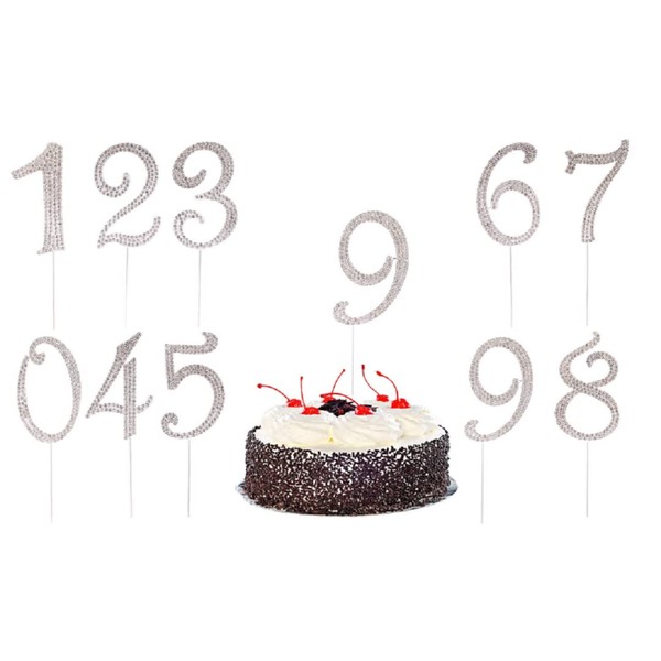 chenwen Decoración para tarta de cumpleaños de tamaño grande del 0 al 9 para mostrar números de años o edades, adornos de diamantes de imitación plateados para decoración de fiestas, bodas y aniversarios. (Número 9, Plata)