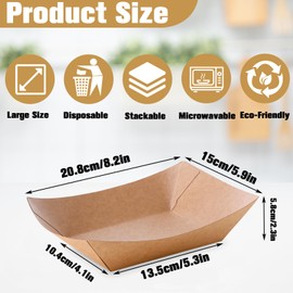 Vabrloy 100 Pack Paper Food Boats, 3 Lb Heavy Duty Kraft Paper Food Trays, Disposable Serving Basket, Disposable Nacho Trays for Party Snacks French Fries Hot Dog Nachos BBQ Popcorn Taco, Brown