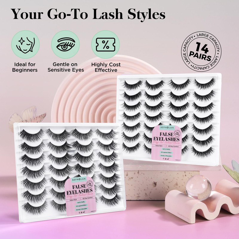 False Eyelashes 14 Pairs Eye Lash Pack Natural Look,3D Fluffy