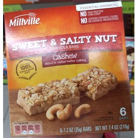 Millville Granola Bars Sweet & Salty nut, Dipped in Cashew Butter coatong,100% Whole Grain 7.4oz(1.2oz x 6bars), Pack of 1