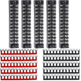 aikoolwer Terminal Blocks High Current 5 Sets 600V 15A Block Dual Row Screw Wire Connector with Insulated Barrier Strip Cover Jumpers Fork for Industrial Electrical Wiring