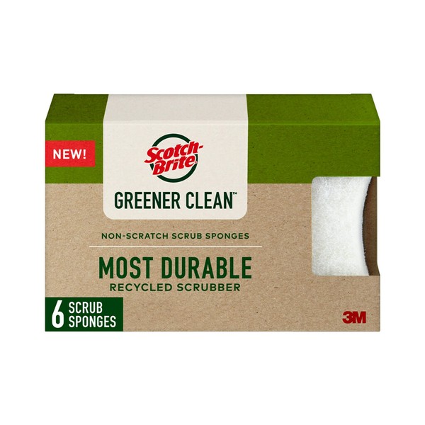 Scotch-Brite Greener Clean Non-Scratch Scrub Sponge, Sponge for Washing Dishes, Cleaning Kitchen, Superior Performance and Made with Sustainable Materials, Dishwasher Safe, 6 Scrub Sponges