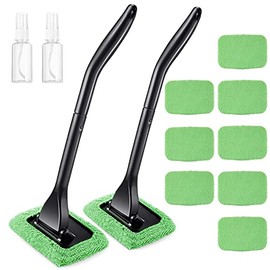 2 Pack Windshield Cleaner Car Window Cleaner Auto Window Cleaner Tool with Detachable Handle, 8 Pieces Reusable Cloth Pads and 2 Pieces Spray Bottles for Car Interior (Green)