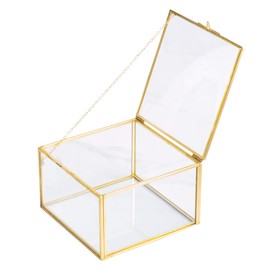 Golden Square Vintage Brass & Clear Glass Decorative Box Home Decor, Small Jewelry Case Box Organizer with Latching Lid, 5x5x3in