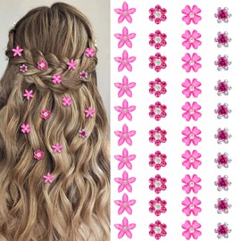 YISSION 40 Pcs Mini Hot Pink Flower Hair Clips Cute Rhinestone Hair Pins Small Decorative Hair Clips Wedding Hair Barrettes Bridal Flower Girl Hair Accessory