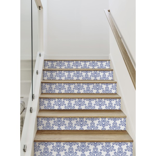 Damask Leaves Peel and Stick Stair Riser Strips (Royal Blue,