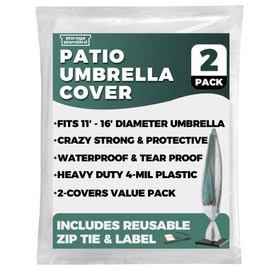 2-Pack Patio Umbrella Cover Bags - Clear Outdoor Umbrella Replacement Covers Waterproof, Reusable Heavy-Duty 4-Mil Plastic – Includes Zip Ties & Labels, Fits Larger 11 - 16 Foot Diameter Umbrella