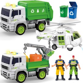 DOWELLIN 5 Pack Garbage Truck Toys Sets for Kids -Friction Powered Garbage Truck, Trash Trucks, Sanitation Helicopter, 2 Workers, Light&Sound Cars Set Gifts for Toddler Boys Girls 3-9 Year Old