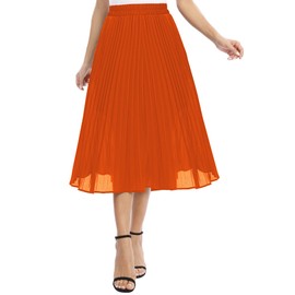 EXCHIC Women's Casual Chiffon Elastic Waist One Line Pleated Midi Skirt with Pocket, orange